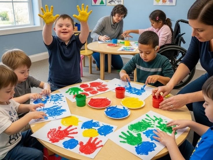 Support worker practicing positive behaviour support with child